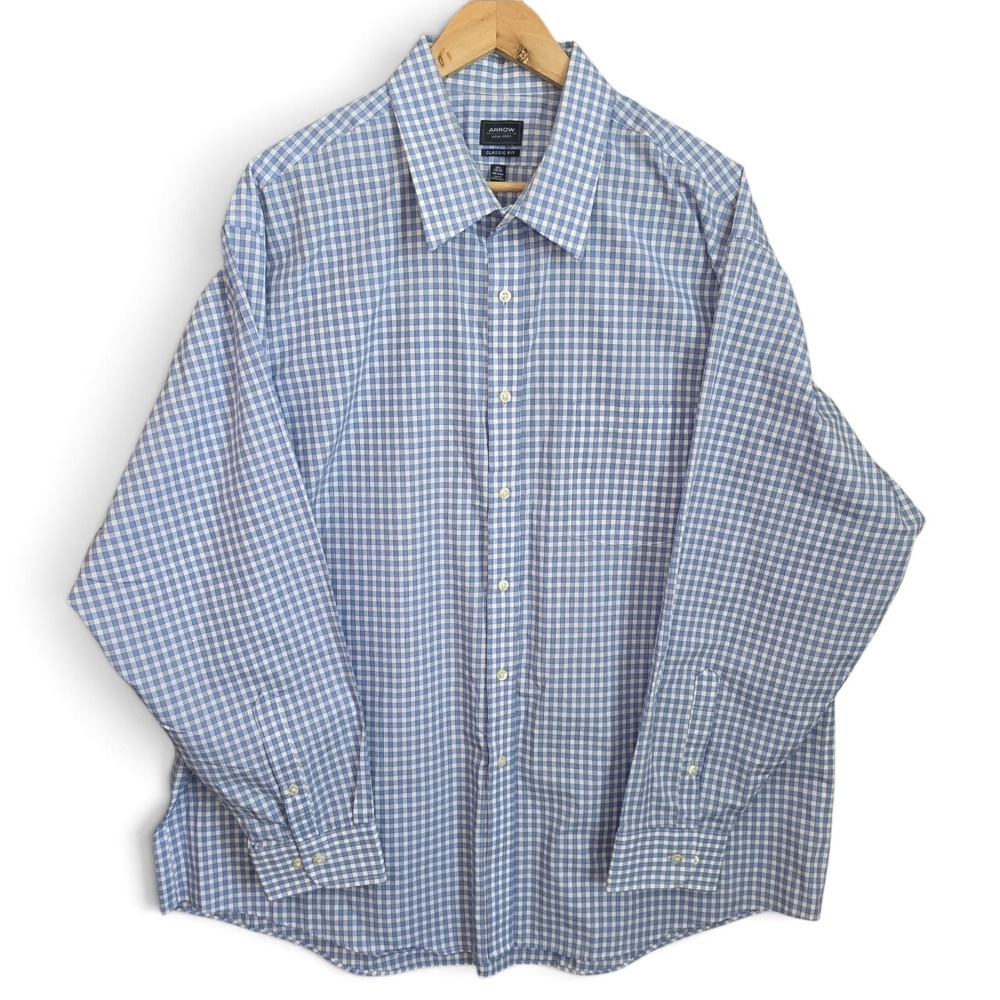Arrow Dress Shirt Mens 18.5 34/35 Blue Gingham Plaid Classic Fit Button Up LS
